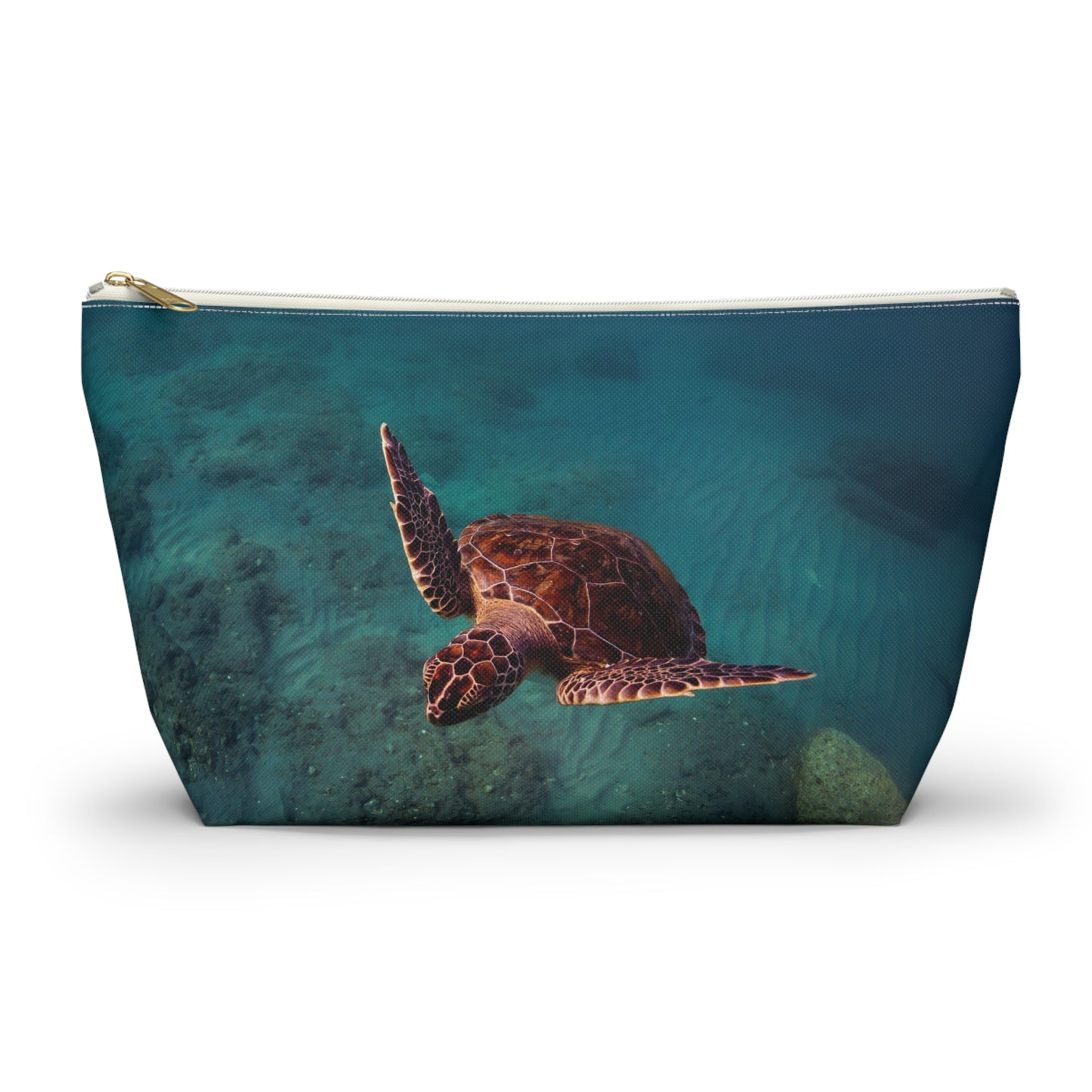 Green Sea Turtle Accessory Pouch — Ocean Print T‑Bottom Cosmetic Bag