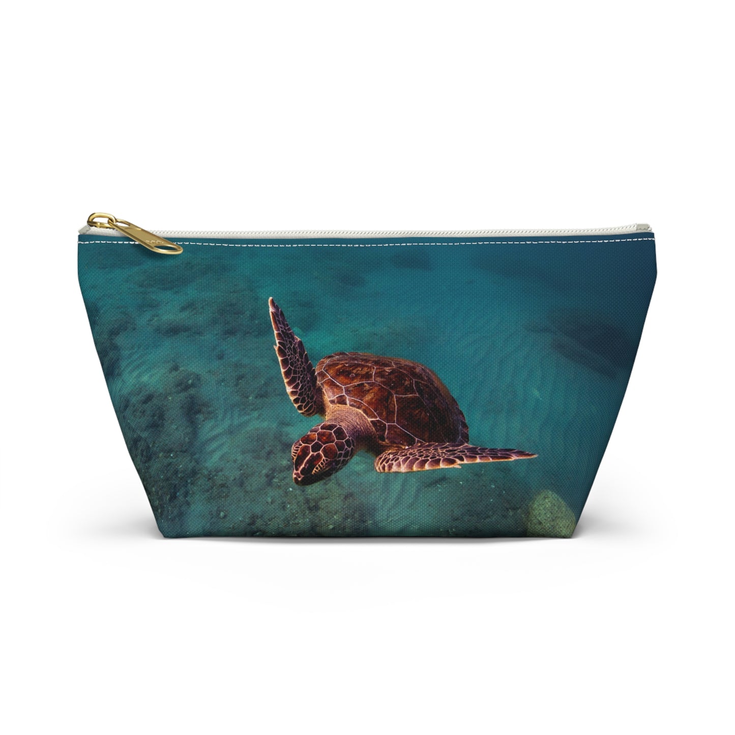 Green Sea Turtle Accessory Pouch — Ocean Print T‑Bottom Cosmetic Bag