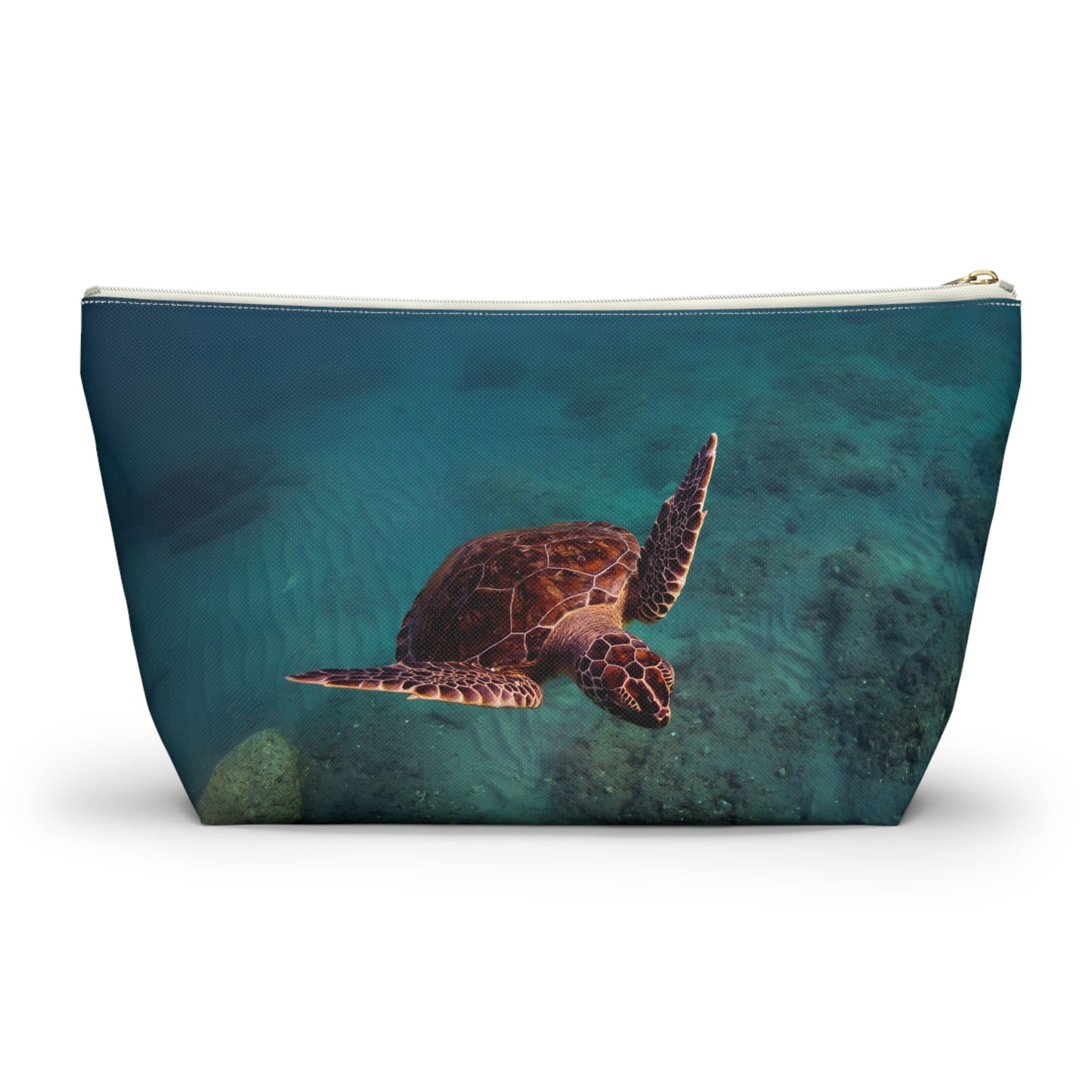 Green Sea Turtle Accessory Pouch — Ocean Print T‑Bottom Cosmetic Bag