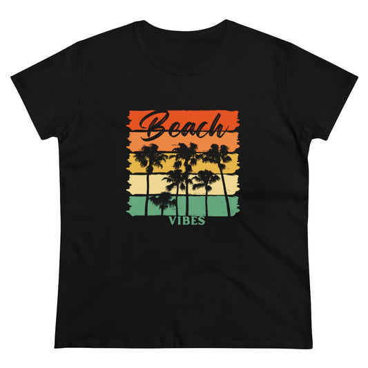 Beach Vibes, Women's Midweight Cotton Tee, Gift for Surfers, Beach Shirt, Minimalist Beach Vibes Shirt, Beach Life Shirt, Black TShirt